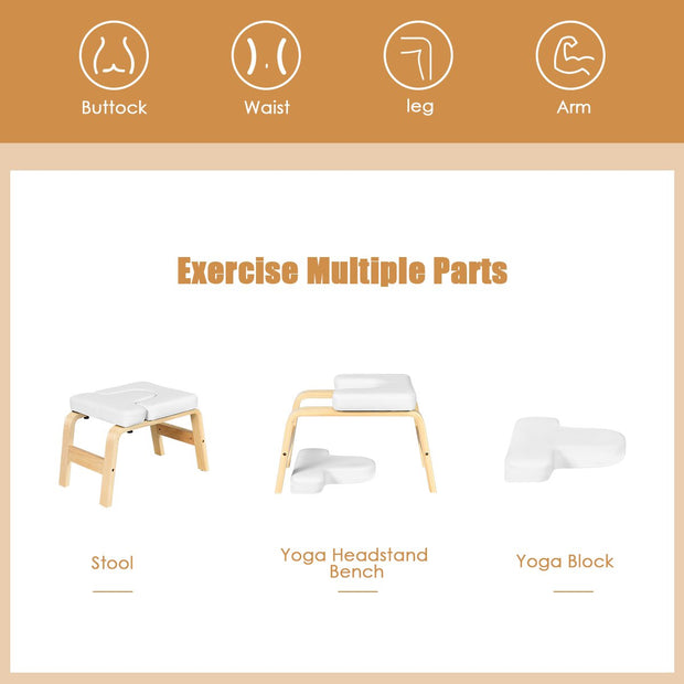 Yoga Headstand Bench Wood Stand w/ PVC Pads for Family Gym Relieve Fatigue