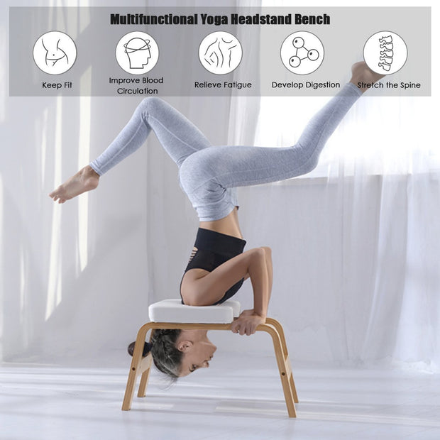 Yoga Headstand Bench Wood Stand w/ PVC Pads for Family Gym Relieve Fatigue